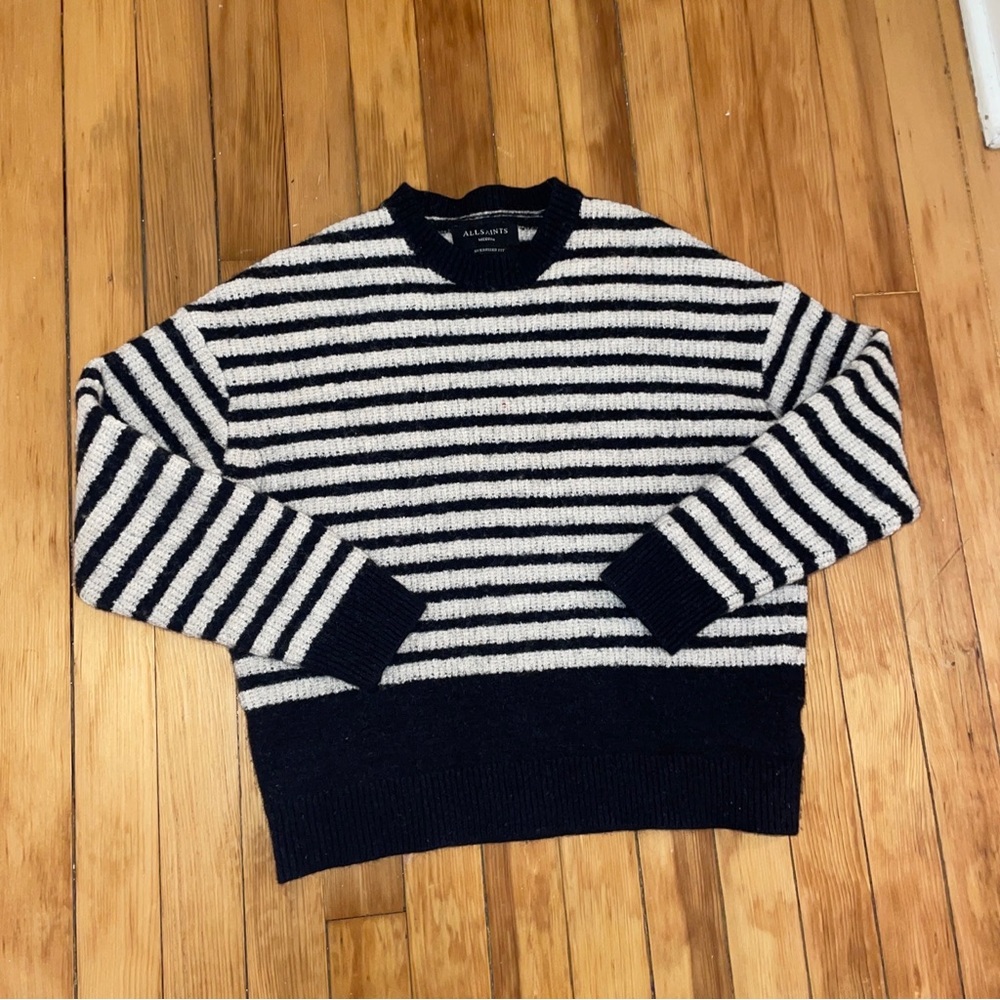 All Saints Wool Knit Stripe Navy Sweater Black White Women size M Oversized Fit